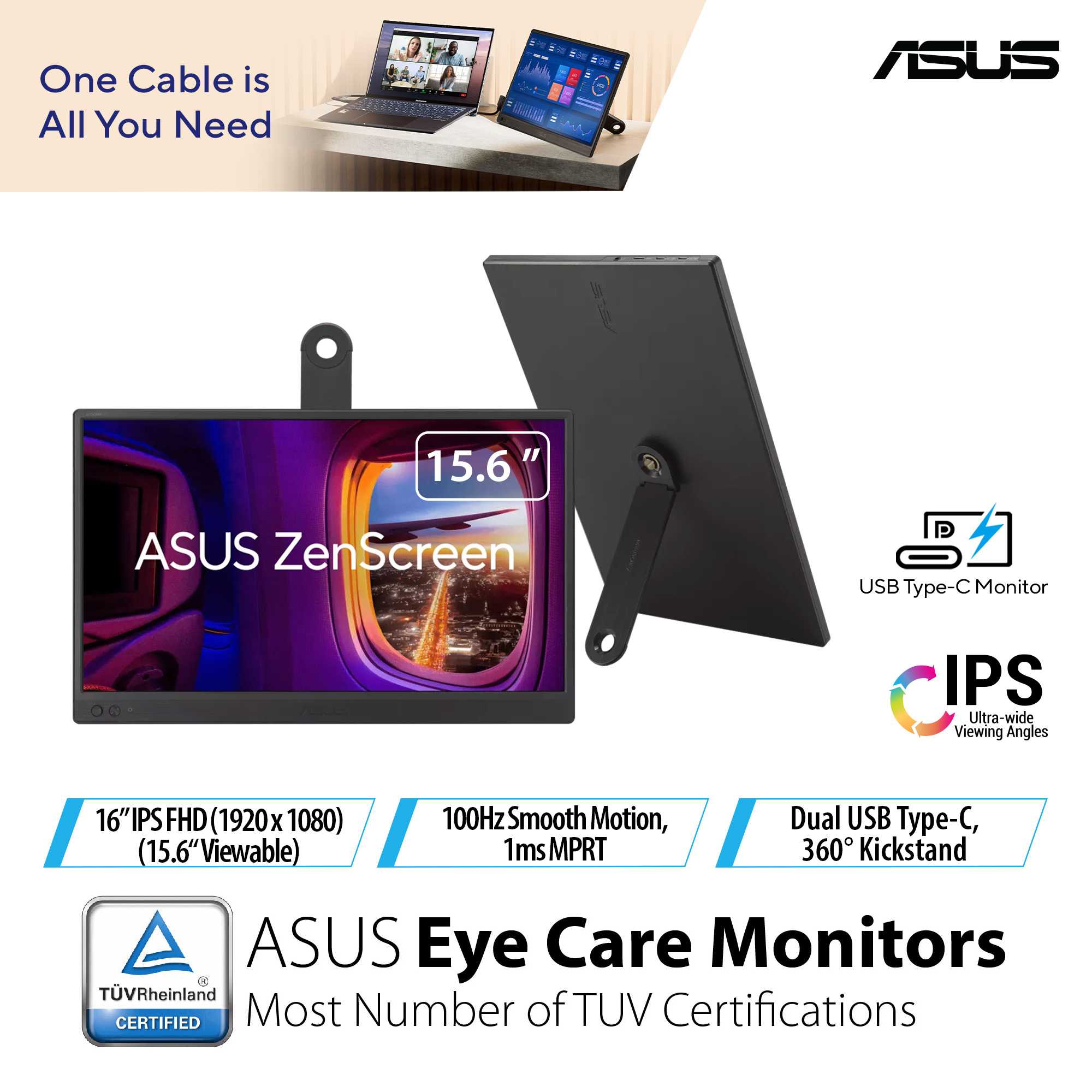 ASUS ZenScreen MB169CK Portable USB Monitor - 15.6" FHD IPS Dual USB-C 360° Kickstand