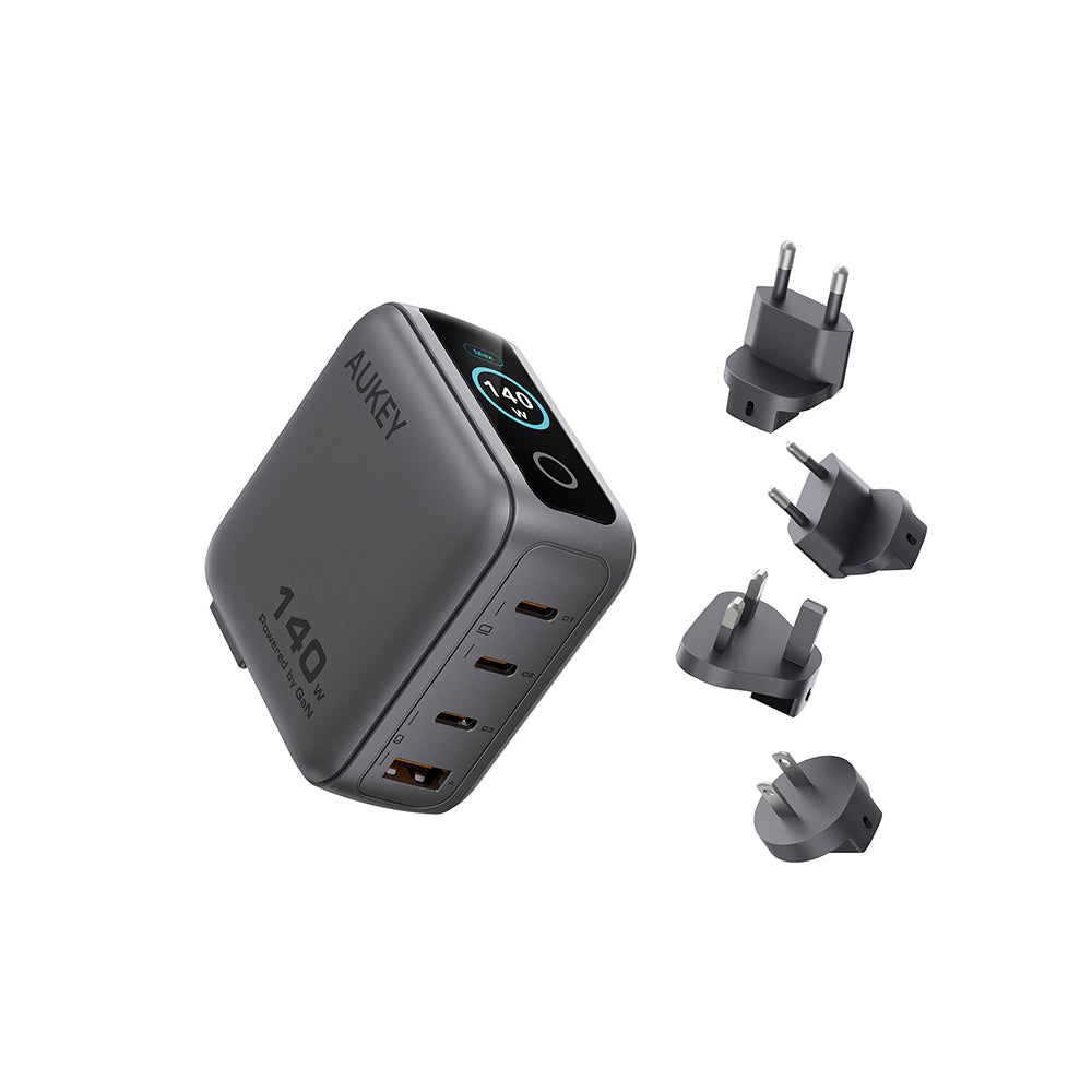 Aukey PA-B10U Nova PinS 140W GaN Wall Charger with Interchangeable Plugs (Grey)