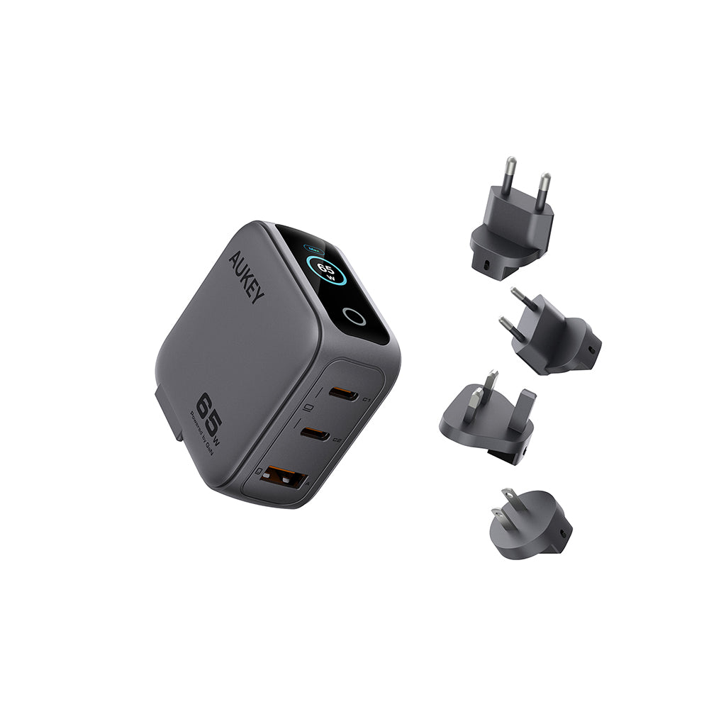 Aukey PA-B8U Nova PinS 65W GaN Wall Charger with Interchangeable Plugs (Grey)