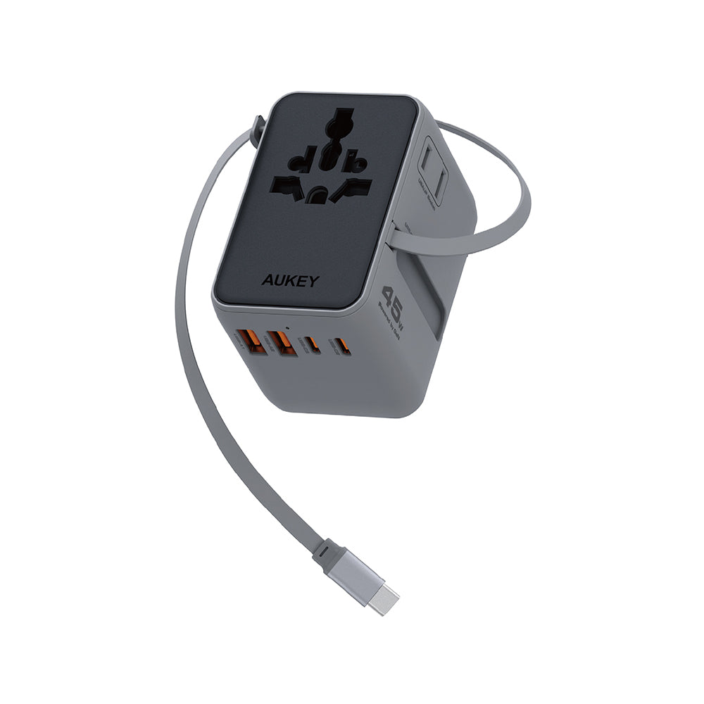 Aukey PA-TA13 Globe Reel 45W GaN Universal Adapter with Retractable Cable - Gray