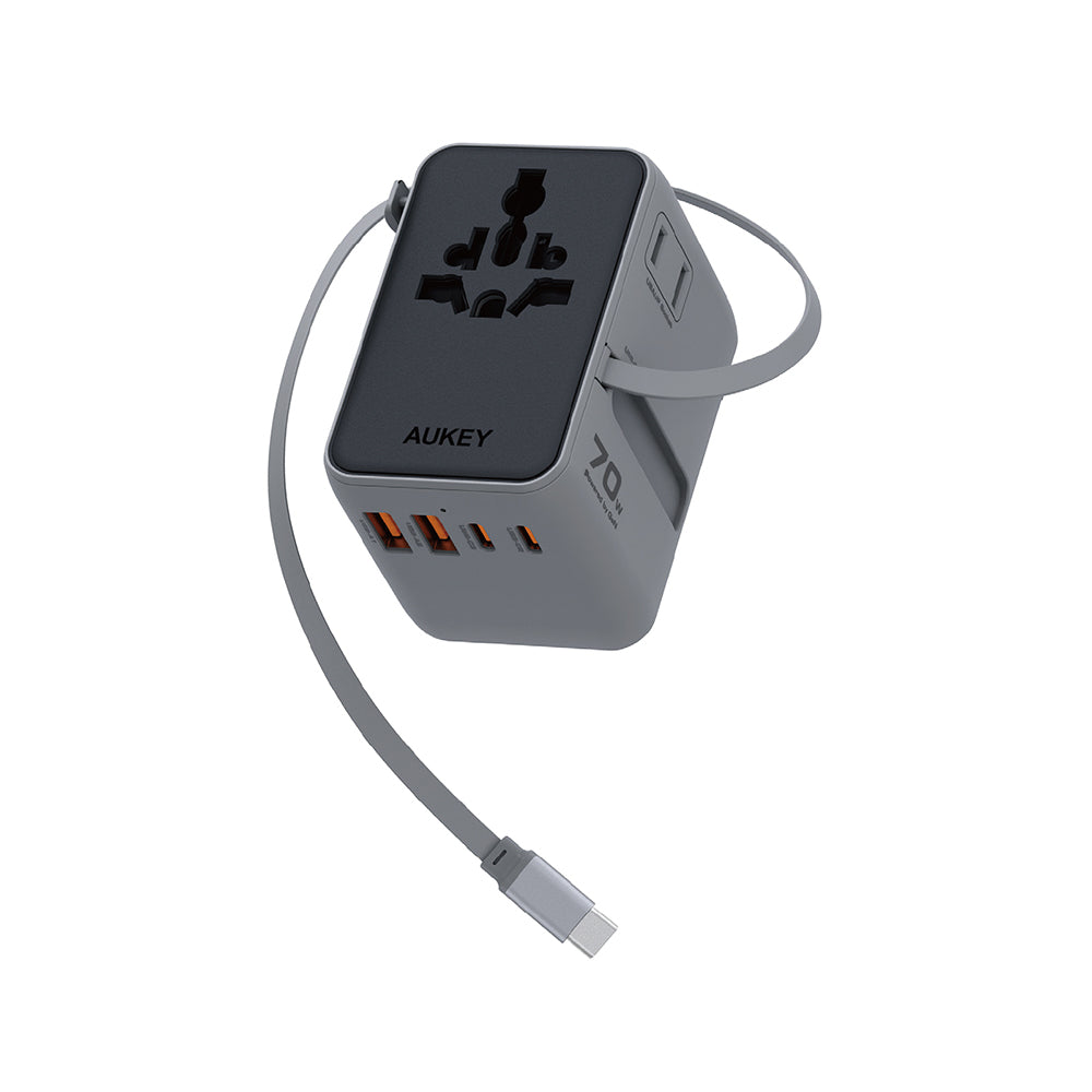 Aukey PA-TA14 Globe Reel 70W GaN Universal Adapter with Retractable Cable - Gray