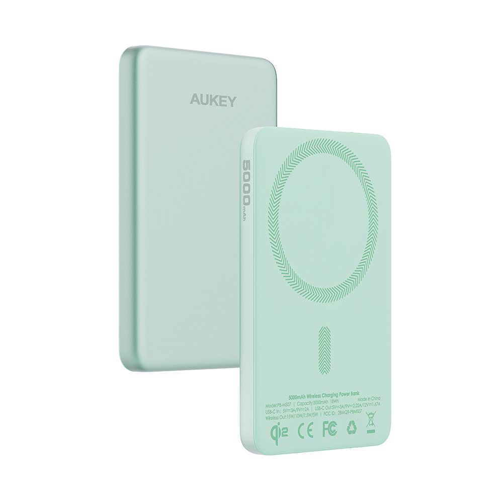 Aukey PB-MS07A MagFusion M 5,000mAh Qi2 Magnetic Wireless Power Bank (CCC-Certified) - Mint Blue