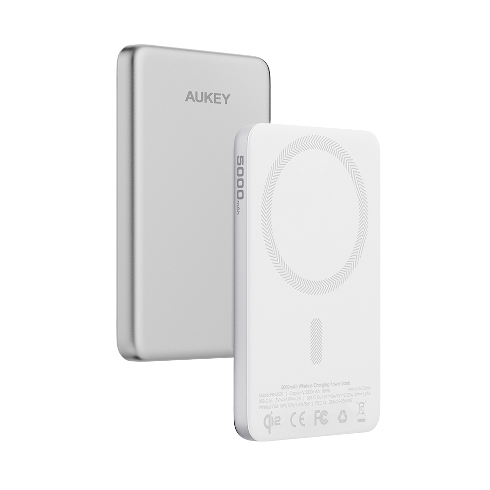 Aukey PB-MS07A MagFusion M 5,000mAh Qi2 Magnetic Wireless Power Bank (CCC-Certified) - Silver White