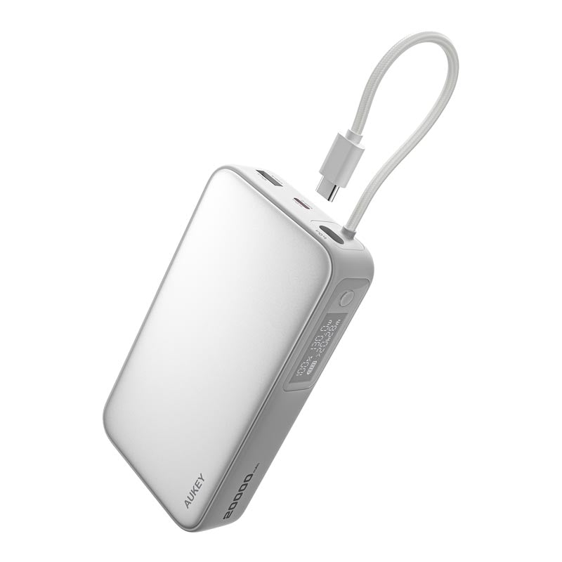 Aukey PB-Y48 Spark Sling 20,000mAh Compact Fast Charging Power Bank with Built-in USB-C Cable (White)