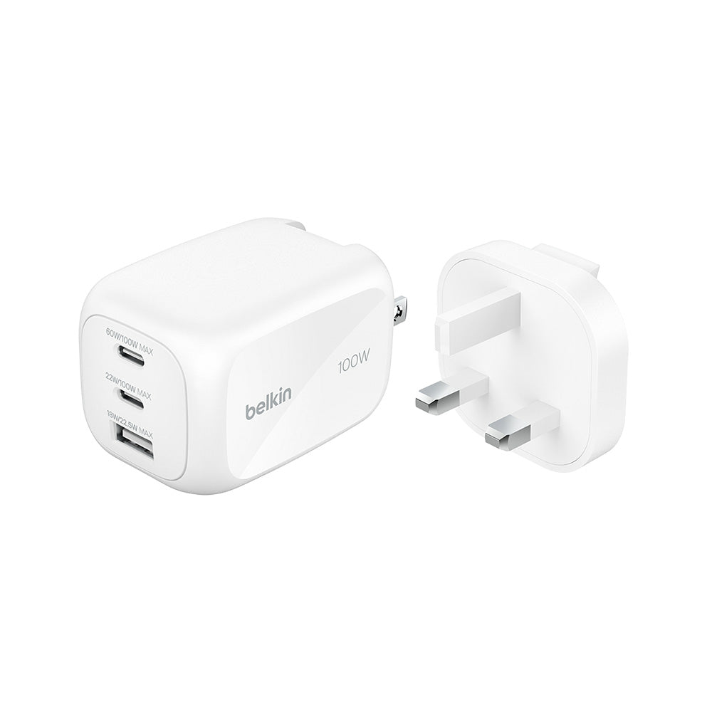 Belkin WCH016myWH BoostCharge Pro 3-Port GaN Wall Charger 100W + International Plug Tip