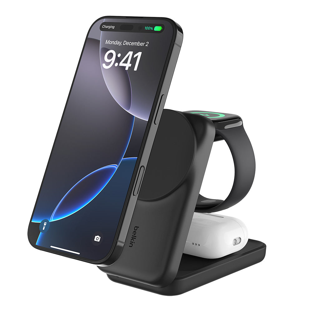 Belkin WIZ036myBK UltraCharge 3-in-1 Foldable Magnetic Charger with Qi2 25W (Square Form) - Black
