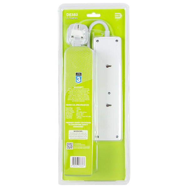 Daiyo DE383-6M LED 3 Way Socket Strip w Surge 6M