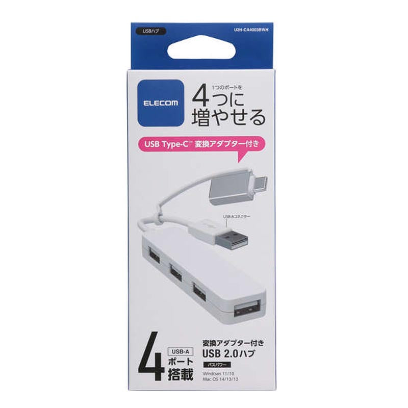 Elecom U2H-CA4003BWH USB C/A 4Ports 2.0 Hub (White)