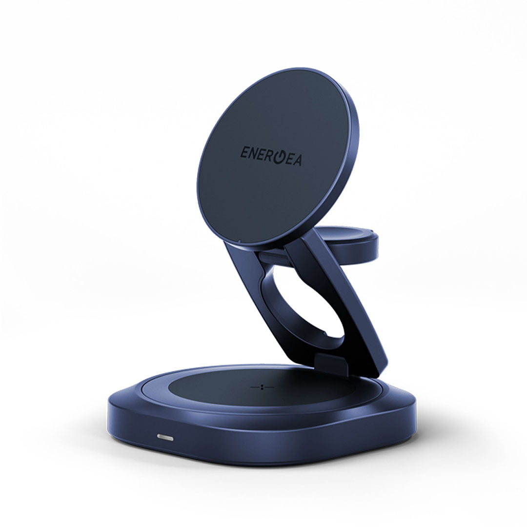 Energea AluMag Gyro 3-in-1 Rotating Qi2 25W Foldable Wireless Charger - Indigo Blue