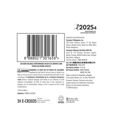 Energizer CR2025 BP4 Lithium Coin Battery 4pcs Pack