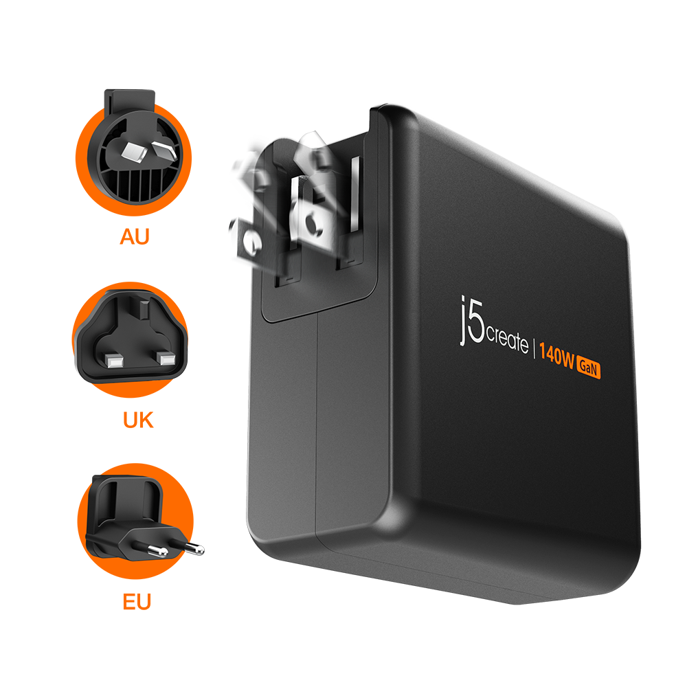 J5Create JUP57140V 140W GaN PD3.1 USB-C 5-Port Charger with Changeable AC Plugs