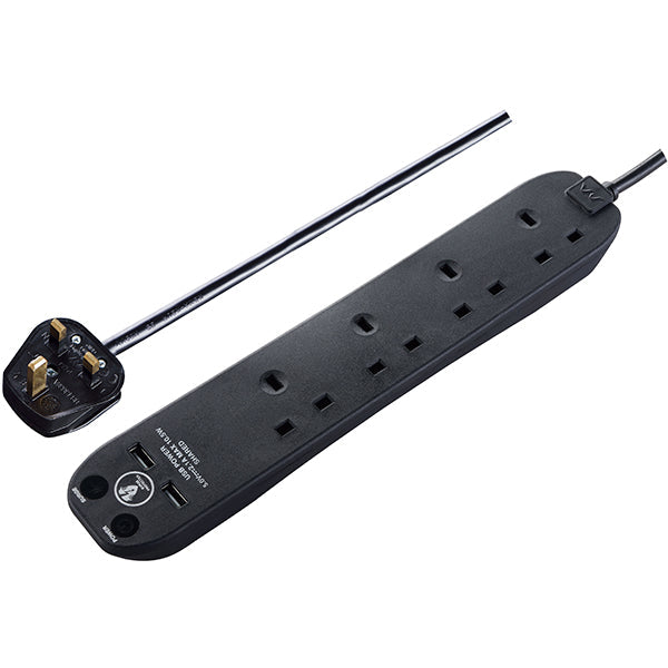 Masterplug 2M 4 socket Surged Extension Lead, 2 x USB (2.1A), Black (SRGU42NB-MPA)
