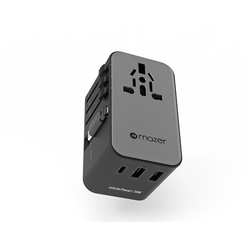 Mazer M-IFTravel370-BG PD70W 2C2A with Bulit-in Retractable USB-C Cable World Travel Charger (Black)