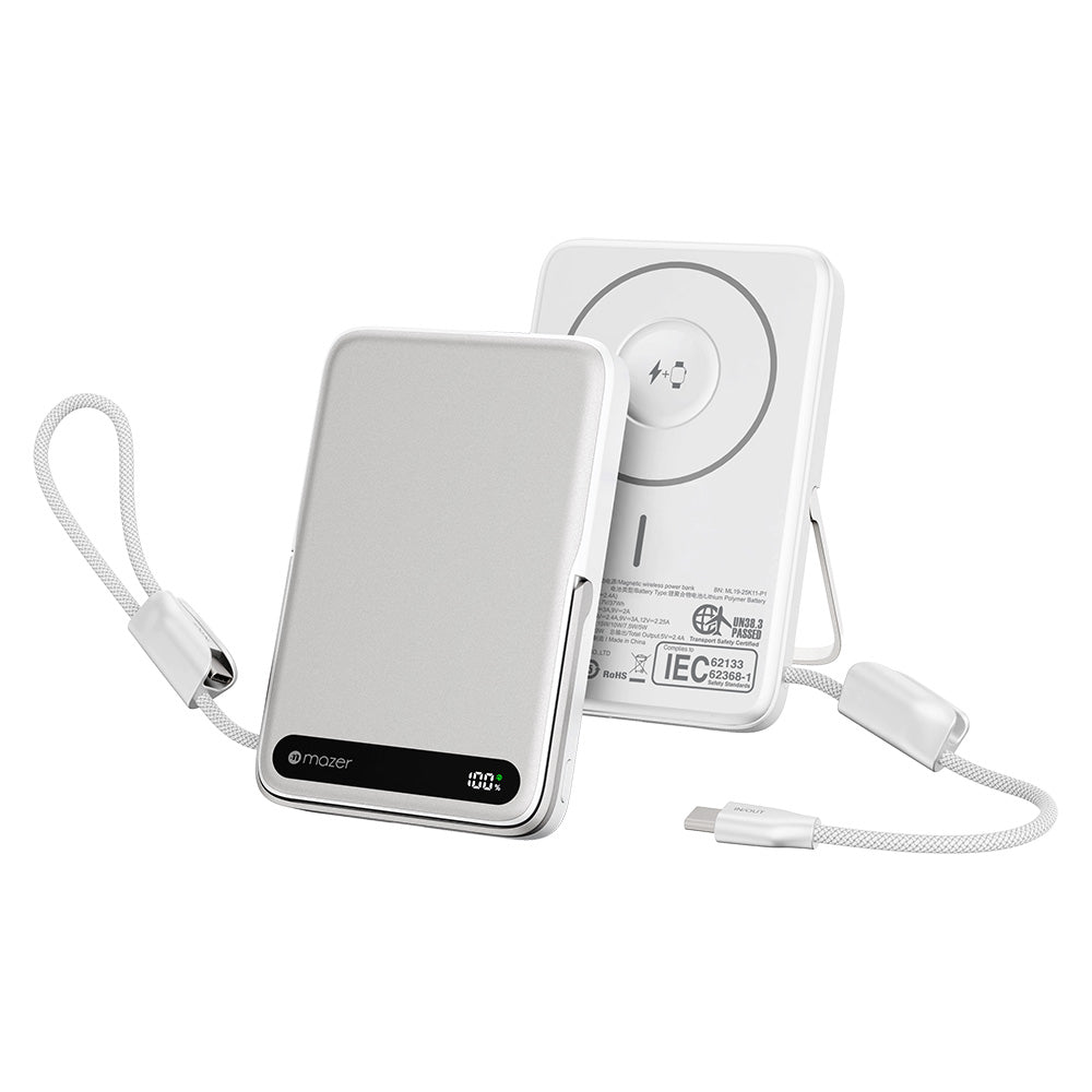 Mazer M-MagLink19 10kmAh PD27W CCC Power Bank with Built-in Stand and Cable (Silver)