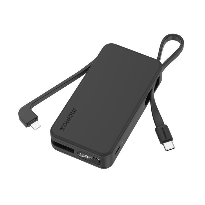 Momax IP138MFID 1-Power Vital+ 10000mAh Battery Pack with Dual Built-in USB-C & Lightning Cable (Black)