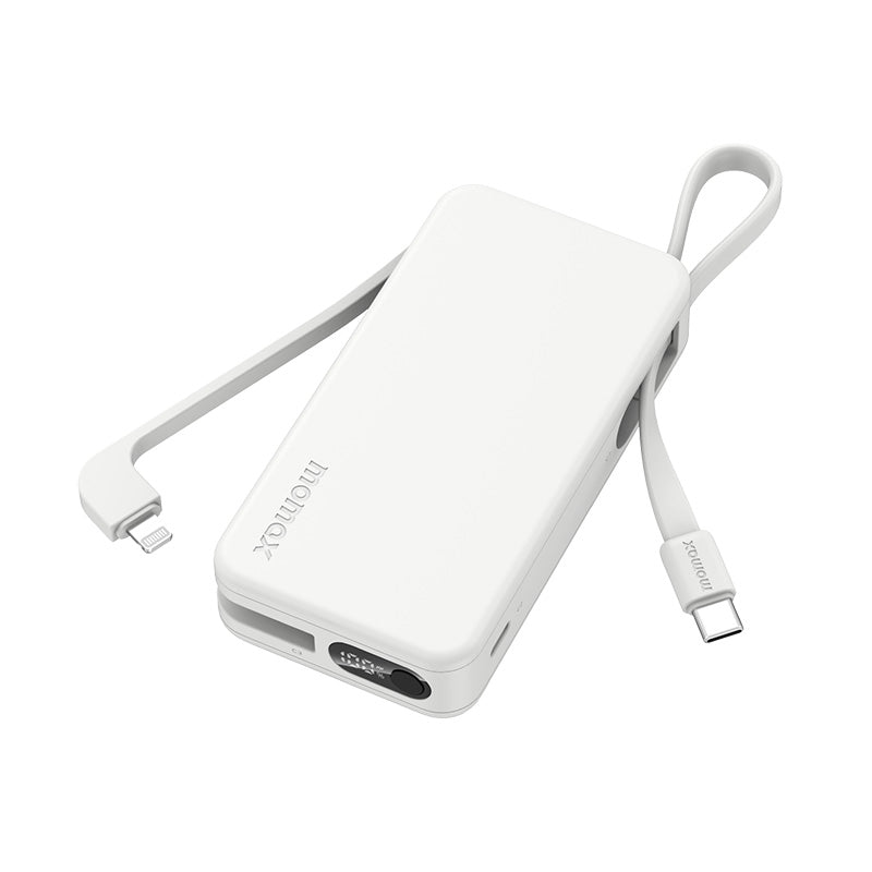 Momax IP138MFIW 1-Power Vital+ 10000mAh Battery Pack with Dual Built-in USB-C & Lightning Cable (White)