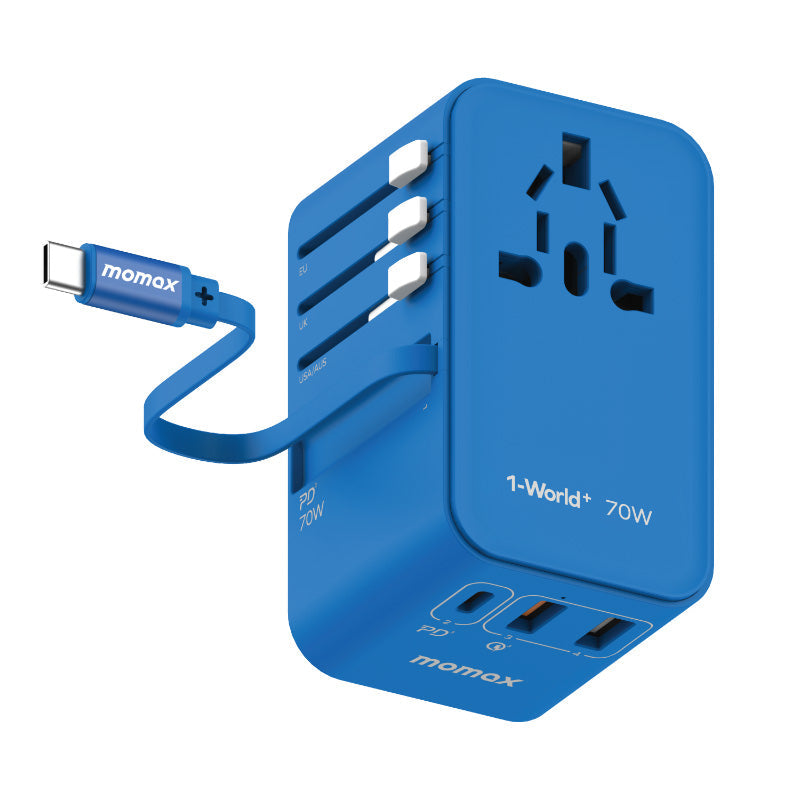 Momax UA18B 1-World 70W GaN 3-Port + AC Travel Adapter With Built-in USB-C Cable (Blue)