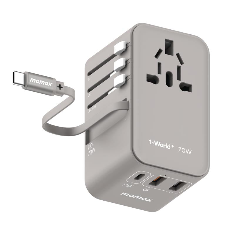Momax UA18E 1-World 70W GaN 3-Port + AC Travel Adapter With Built-in USB-C Cable (Grey)