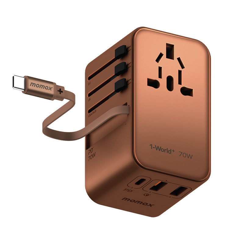 Momax UA18L2 1-World+ 70W GaN 3-Port + AC Travel Adapter with Built-in USB-C Cable (Sandstone)