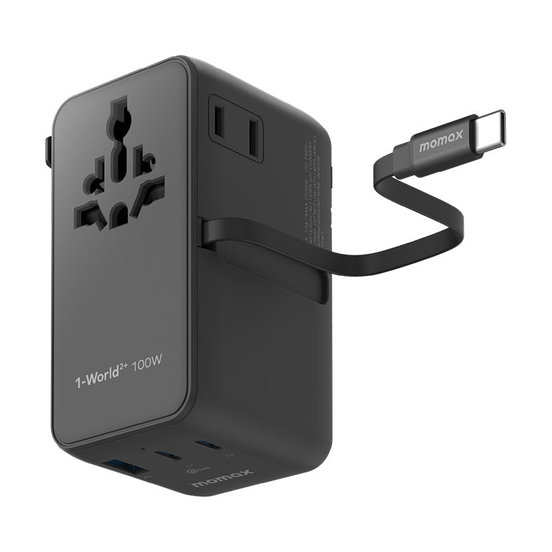 Momax UA25D 1-World2+ 100W 4-Port Dual AC Travel Adapter with Built-in USB-C Cable - Black