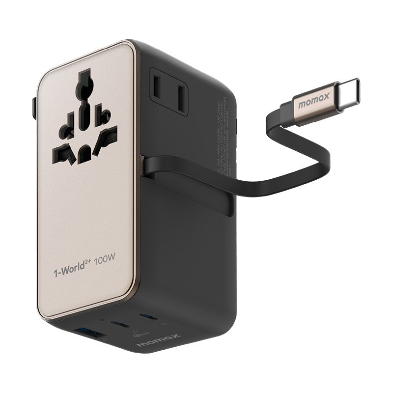 Momax UA25L 1-World2+ 100W 4-Port Dual AC Travel Adapter with Built-in USB-C Cable - Titanium
