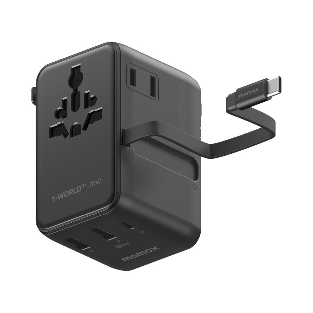 MOMAX UA30D 1-World2+ 70W 3-Port Dual AC Travel Adapter with Built-in Retractable Cable - Black