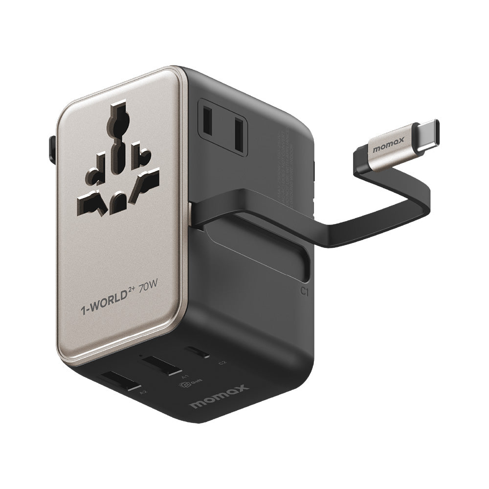 MOMAX UA30L 1-World2+ 70W 3-Port Dual AC Travel Adapter with Built-in Retractable Cable - Titanium