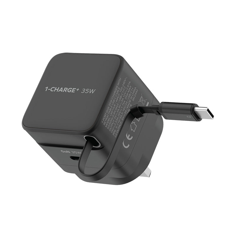 Momax UM72UKD 1-Charge+ 35W 1-Port GaN Charger with Retractable USB-C Cable - Black