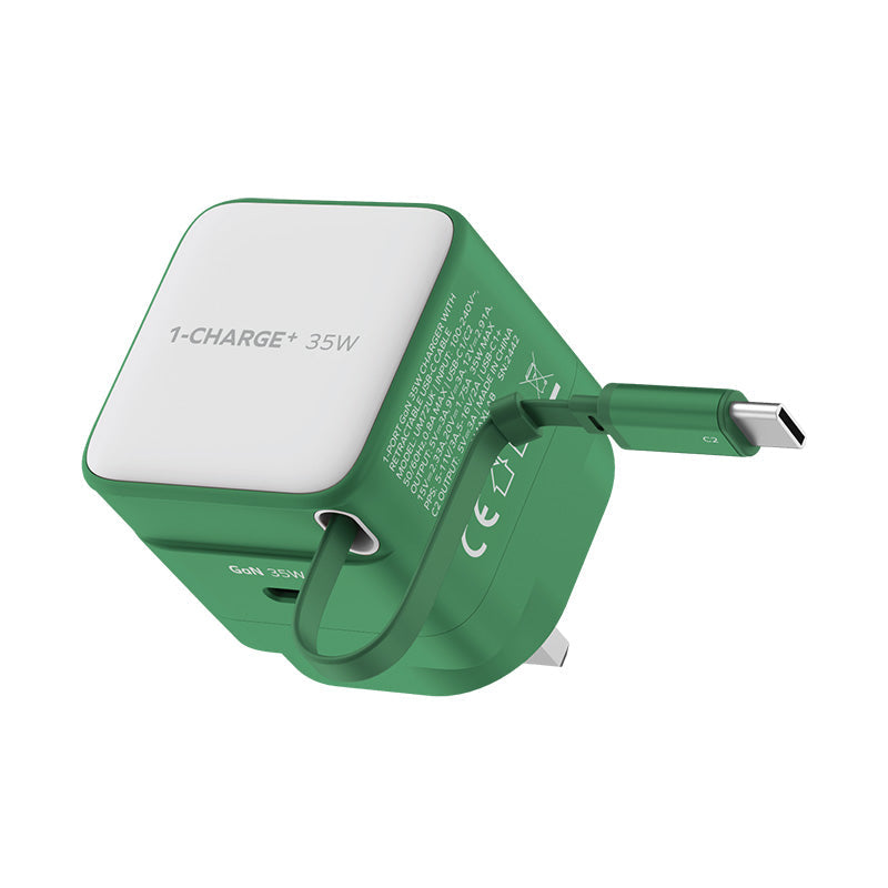 Momax UM72UKG 1-Charge+ 35W 1-Port GaN Charger with Retractable USB-C Cable - Green