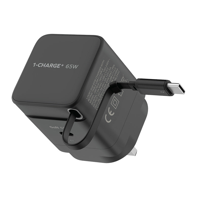 Momax UM76UKD 1-Charge+ 65W 1-Port GaN Charger with Retractable USB-C Cable - Black