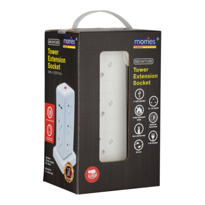Morries MS104TUSB Tower Extension Sockets w 4 USB Ports