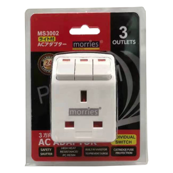 Morries MS3002-CS 3way Adaptor w/Switch & Surge Protection