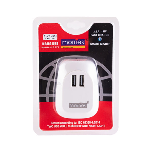 Morries MS4001USB 2-USB Adaptor W/Night Light (White)