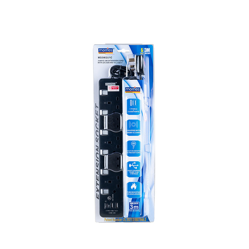 Morries MS5W2U1C 5Way 3M 2USB+1C Extension Cord (Black)