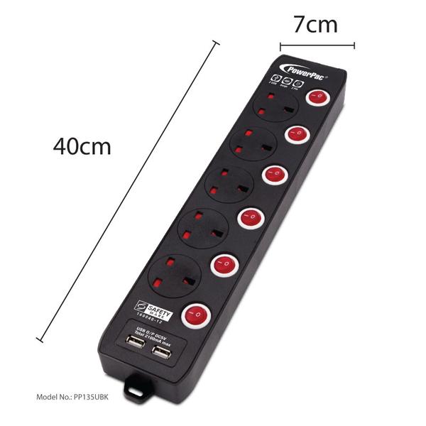 Powerpac PP135UBK 5Way 3M Extension with 2 x USB (Black)