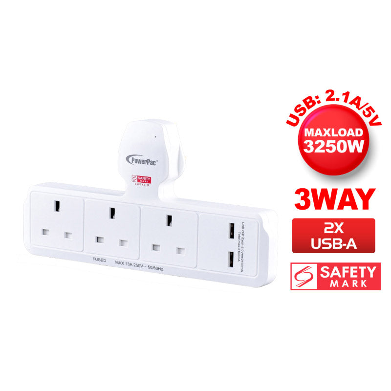 PowerPac PP288U T-Shape 3 Way Socket With 2XUSB (White)