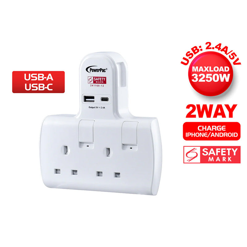 PowerPac PP292U 1A +1C 2-Way T Socket with USB (White)