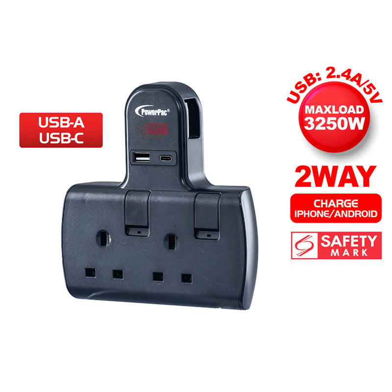 PowerPac PP292UBK 1A+1C 2-Way T Socket with USB (Black)