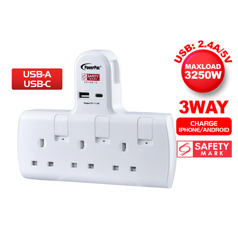 PowerPac PP293U 1A+1C 3-Way T Socket with USB (White)