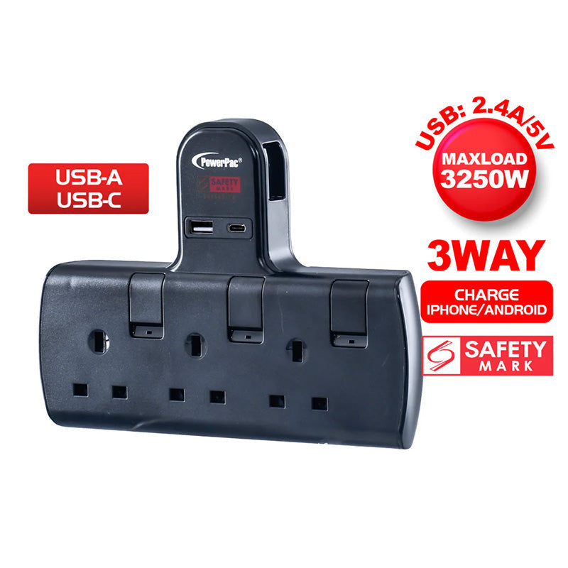 PowerPac PP293UBK 1A+1C 3-Way T Socket with USB (Black)