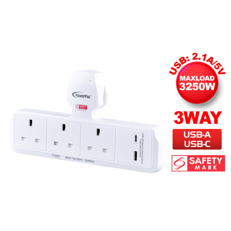 PowerPac PP299U T-Shape 3 Way Socket USB 1C, 1A (White)