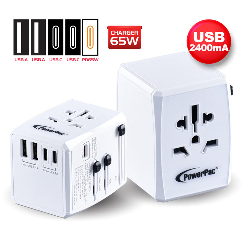 PowerPac PP7977 65W USB 2A+3C Travel Adapter (White)