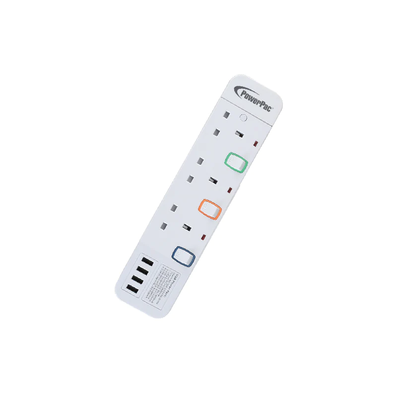 PowerPac PP9113U 3Way 3M Extension Socket with 4XUSB 3.2A (White)