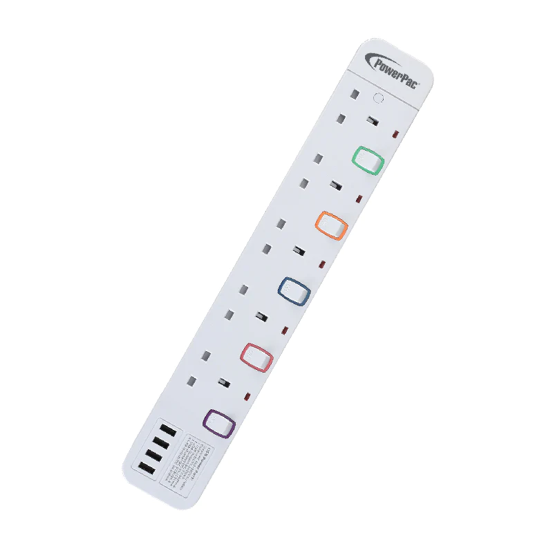PowerPac PP9115U 5Way 3M Ext. Socket with 4XUSB 3.2A (White)