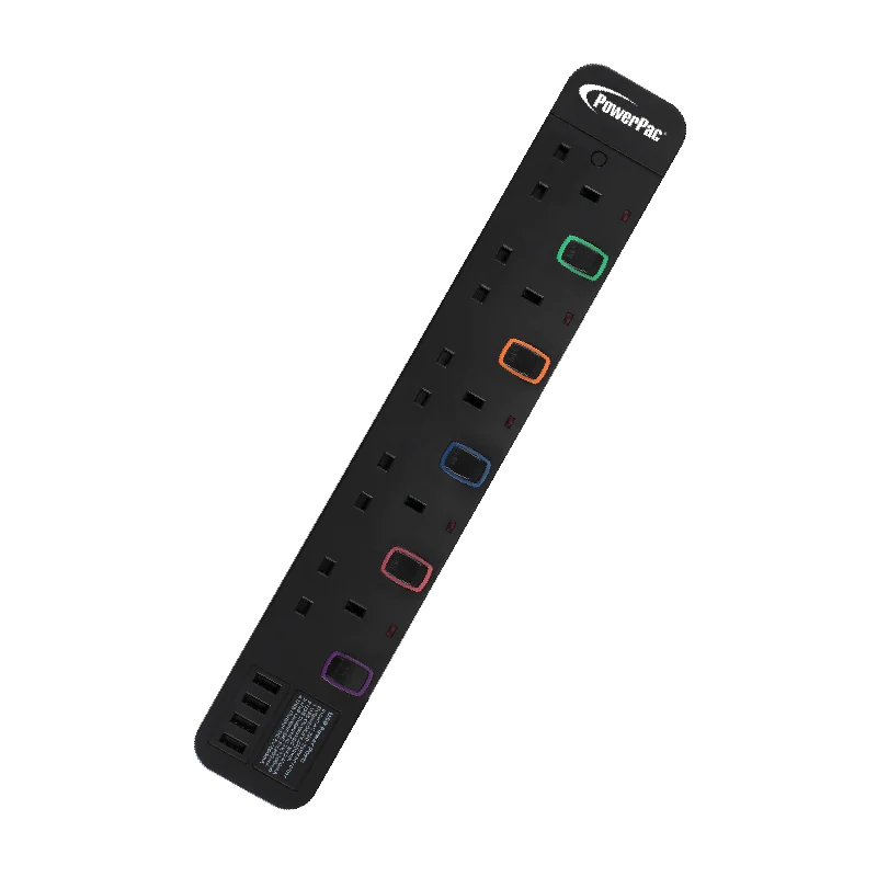 PowerPac PP9115UBK 5Way 3M Extension Socket with 4XUSB 3.2A (Black)