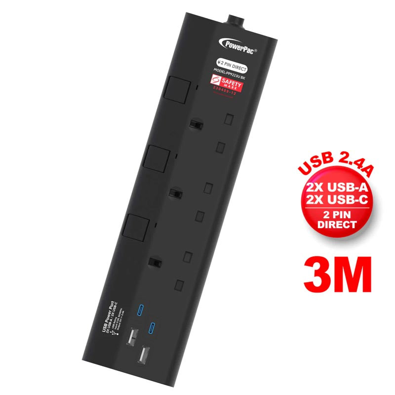 PowerPac PP9223UBK 3Way 3M 2A+2C Extension Cord (Black)