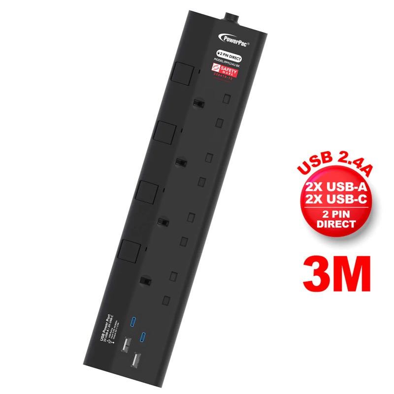 PowerPac PP9224UBK 4Way 3M 2A+2C Extension Cord (Black)