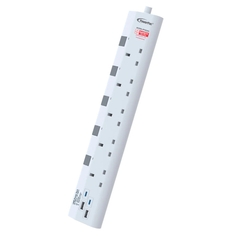 PowerPac PP9225U 5-Way 3M 2A+2C Extension Cord (White)