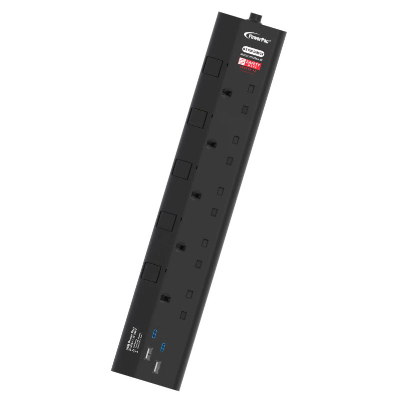 PowerPac PP9225UBK 5-Way 3M 2A+2C Extension Cord (Black)