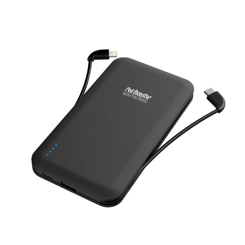 Redmonster 10000mAh PD20W Ultra Slim Compact+ Smart Trio Power Bank with Built in MFI & Type C Cable (Black)